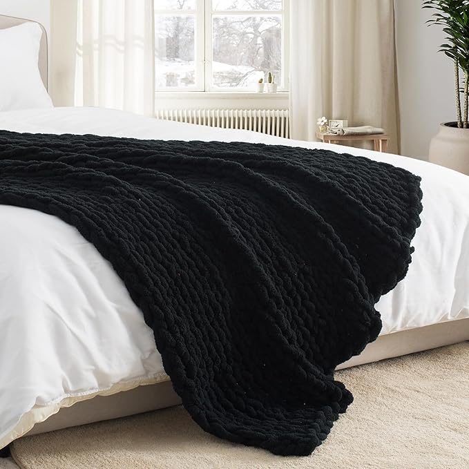 Chunky Knit Throw Blanket 50"X 60", 100% Handmade with Soft Chenille Yarn, 4.4lbs Thick Cable Knitted Blankets, Large Rope Knot Crochet Throws for Couch Sofa Bed Home Decor, Black