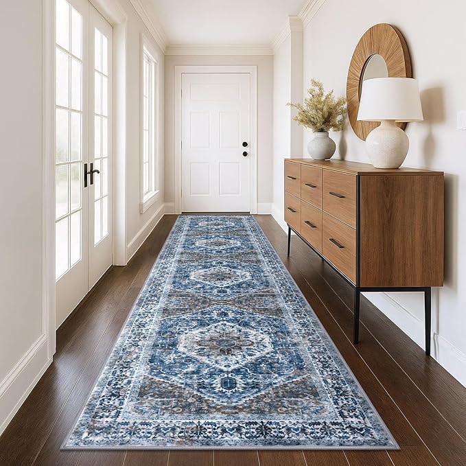 KOZYFLY Runners for Hallways 3x12 Ft Thin Long Washable Kitchen Runner Non Slip Runners Rug for Entryway Indoor Blue Printed Faux Wool Stair Runner Floor Carpet for Stair Kitchen Hall, Blue