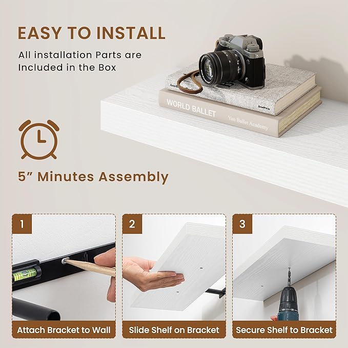 fuqing Floating Shelves for Wall, Wall Mounted Wood Floating Shelf with Invisible Brackets for Living Room, Bathroom, Bedroom, Kitchen Storage and Decor, 55 Inch Set of 2, White