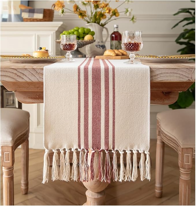 Caflife Boho Table Runner for Modern Farmhouse Fall Decor, Dining Table décor 13 x 60 Inch Long with Handcrafted Tassels, Rust and Beige Stripe Table Runner for Home Boho décor