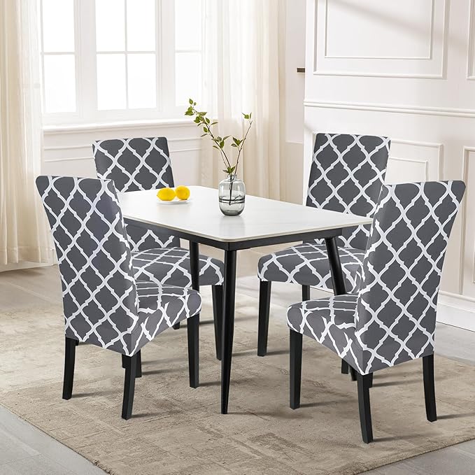 SearchI Dining Room Chair Covers Set of 2, Stretch Geometric Parsons Chair Slipcovers Spandex Removable Washable Kitchen Chair Protector Cover for Dining Room, Hotel, Ceremony (Gray+White)