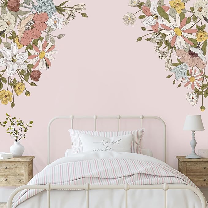 Large Pink Flowers Wall Decals, Colorful Floral Botanic Wall Stickers, Spring Peel and Stick Wallpaper for Girls Bedroom Nursery Classroom Living Room Wall Decor