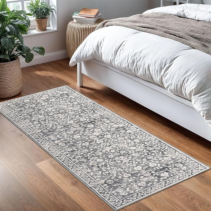 Vintage Washable 2x5 Rug Runner, Gray Ivory Runners for hallways, Super Soft Kitchen Runner Rug Non Slip, Print Faux Wool Floral Thin Carpet Runner for Entryway Indoor Bedroom