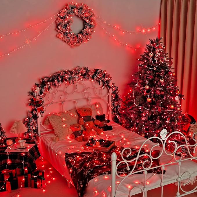 JMEXSUSS 2 Pack 100 LED Red Christmas Lights Outdoor Waterproof, Each 33ft Red String Lights Indoor Plug in, 8 Modes Connectable Christmas Tree Light for Xmas Yard Bedroom Fireplace Party Decorations