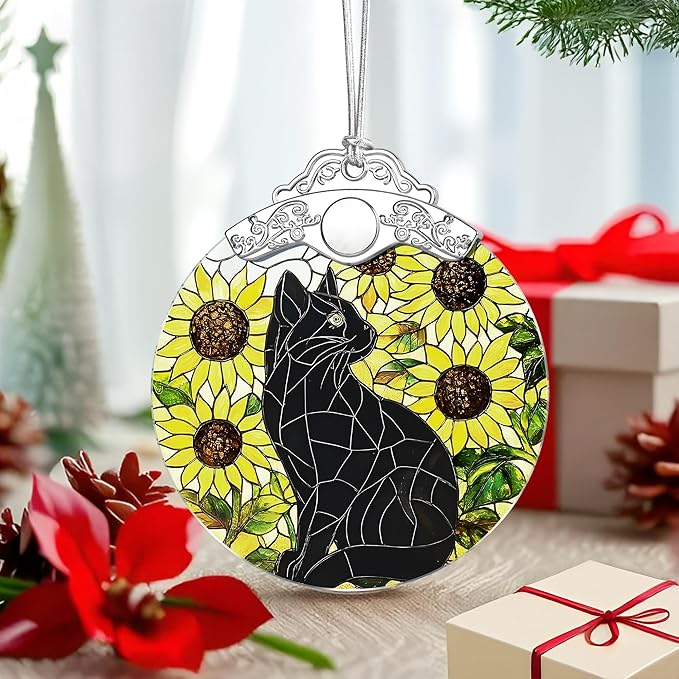 Black Cat Ornament – Christmas Decoration & Christmas Ornament; Stained Glass Holiday Decoration (Holiday Present, Bauble Present, Gift Idea, Gift Exchange) | Heirloom Keepsakes