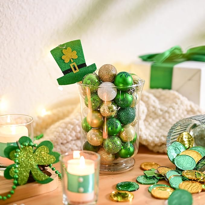 DecorbyHannah St Patricks Day Decorations Shamrock Christmas Tree Ornaments Set, 49ct 1.18inches Mini Green Gold St. Patrick's Day Shatterproof Luck Clover Small Hanging Ornament for Irish Day Party