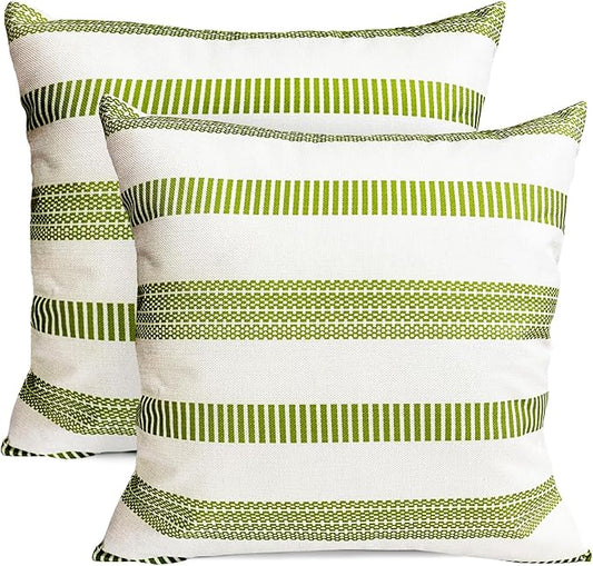 Decorative Throw Pillow Covers Set of 2 Grass Green Boho Striped Pillow Covers 22x22 Inch Throw Pillow Cover Linen Pillowcase Farmhouse Outdoor Pillow Covers for Couch Sofa Living Room