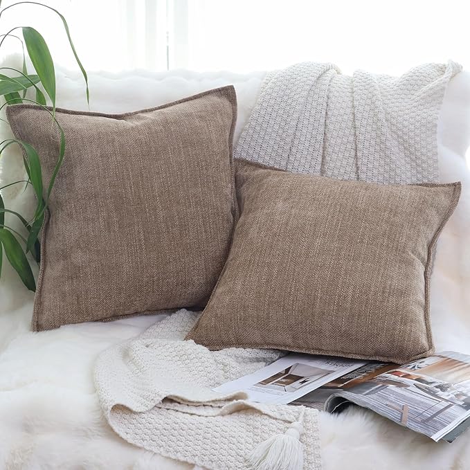 OYIMUA Soft Textured Decorative Throw Pillow Covers 16x16 Neutral Brown Chenille Square Accent Solid Cushion Cover Cozy Farmhouse Pillow Cases for Couch Sofa Bedroom Living Room