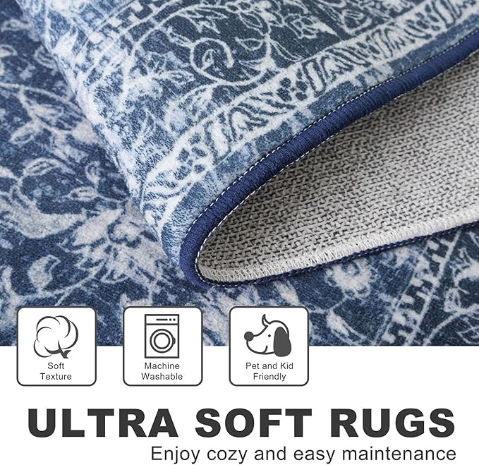 KILOCOCO Runner for Hallway 3x12 Runner Rug Printed Vintage Floral Washable Rug Kitchen Runners Soft Non-Slip Low Pile Hallway Runners Laundry Room Distressed Boho Rugs, Blue
