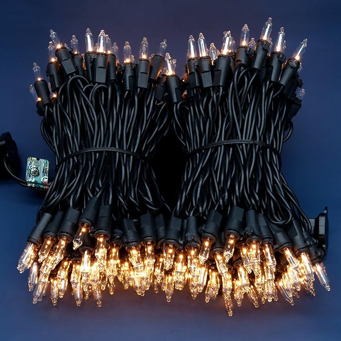 200 Count Clear Christmas Lights, Pack of 2 Strands 100 Count 33 ft Black Cord UL Listed Holiday String Light (Clear - Black Wire)