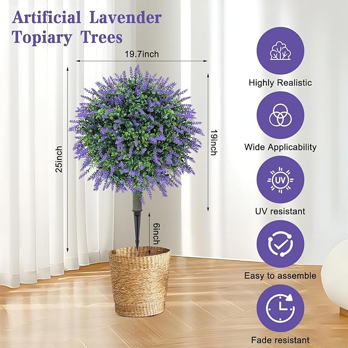 UV Resistant PE Artificial Lavender Topiary Balls (25") - 2 Pack Boxwood Bushes Maintenance Faux Shrubs with Ground Spike for Front Porch, Garden & Indoor Decor