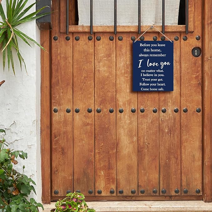 FUGWN Before You Leave This Home Always Remember I Love You Hanging Wooden Sign 8x10, Entryway Wall Decor, Motivational Inspirational Home Decor (Navy Blue)