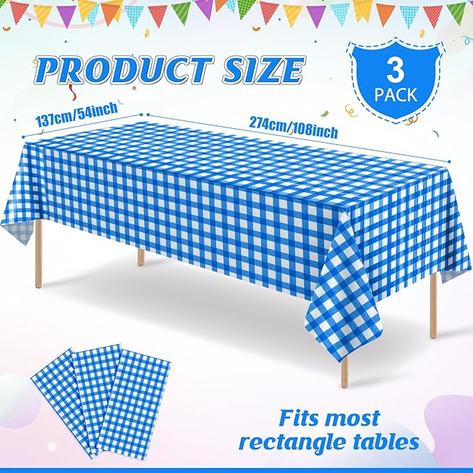 3Pcs Blue and White Gingham Tablecloth Decorations, Disposable Plastic Blue Checkered Tablecloth Buffalo Plaid Table Cover for Baby Shower Bridal Wedding Birthday Party Supplies,54 x 108 Inch