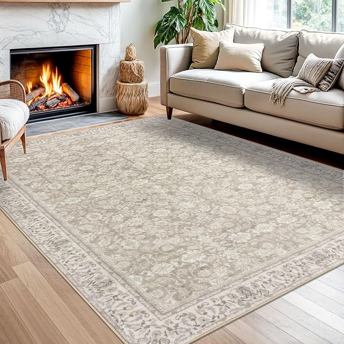 5x7 Area Rug for Bedroom, Cream Beige White Grey Large Vintage Neutral Rug with Non-Slip, Non-Shedding Washable Area Rugs for Living Room, Soft Distressed Floral Carpet for Office Home Décor