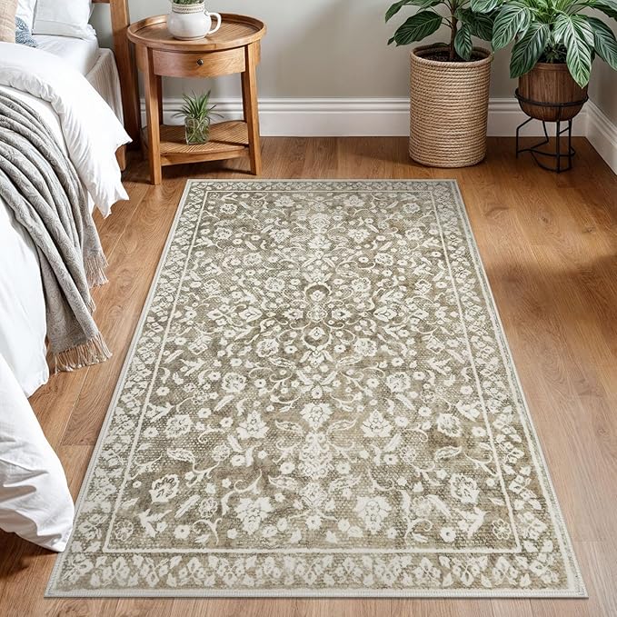 Vintage 3x5 Washable Rug for Entryway, Super Soft Beige Taupe Entryway Rug Non-Slip, Printed Faux Wool Floral Neutral 3x5 Area Rug Thin Floor Carpet for Kitchen, Bedroom, Office, Living Room