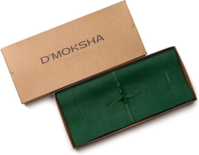 D'Moksha Homes Linen Forest Green Table Runner 48 Inches - Classic Hemstitch, 100% Pure Linen Coffee Table Runner 14 x 48 Inch Ideal for Dresser Tables - St Patricks Day, Easter