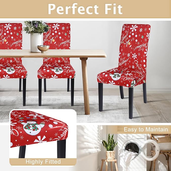 SearchI Christmas Chair Covers Set of 4, Stretch Xmas Kitchen Chair Cover Removable Washable Holiday Parsons Chair Slipcovers for Dining Room, Christmas Decoration, Ceremony(Snowman+Snowflake)