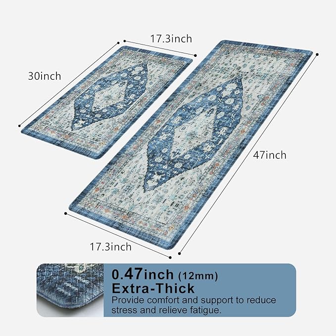 Collive Boho Kitchen Rugs Set of 2 Non Skid Kitchen Mats for Floor Cushioned Anti Fatigue Kitchen Floor Mats Waterproof Comfort Heavy Duty Foam Mats for Standing Desk Sink Laundry, 17"x30"+17"x47"
