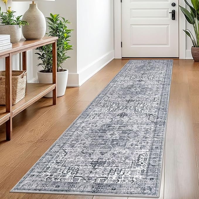 2x8 Washable Runner Rug for Hallways, Grey Blue White Soft Neutral Vintage Printed Runners with Non-Slip, Non-Shedding Boho Rugs for Bedroom Kitchen Porch Laundry Indoor