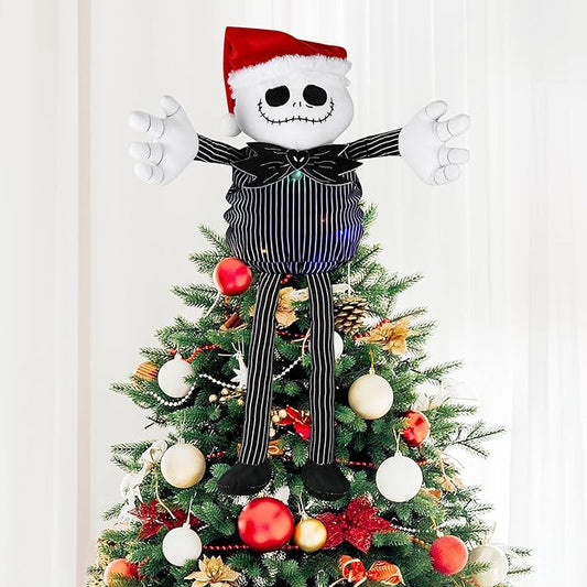Christmas Tree Topper with Colorful String Light, Stretchable Body Jack Huggers with Santa Hat, Poseable Handmade Tree Topper for Halloween Christmas Party Decor (Jack Tree Topper)
