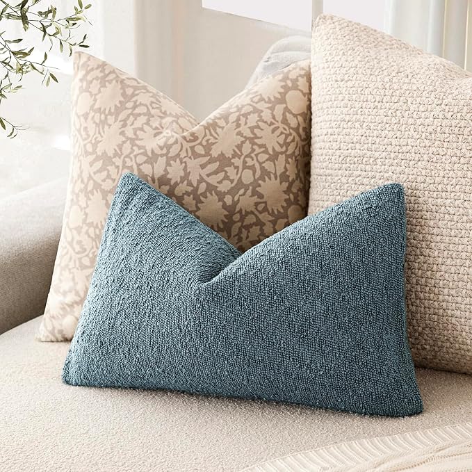 Foindtower Pack of 2 Textured Boucle Throw Pillow Covers Accent Solid Decorative Lumbar Pillow Cases Cozy Couch Cushion Case for Chair Sofa Bedroom Living Room Home Decor 12x20 Inch Misty Blue