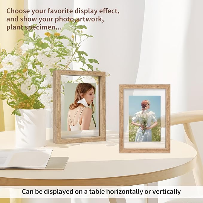 5x7 Floating Picture Frames Set of 2, Double Glass Photo Frame Wooden Frame for Wall Mount or Tabletop Displays for 3x5, 4x6 inch Pictures, Plane Edge Frames, Natural