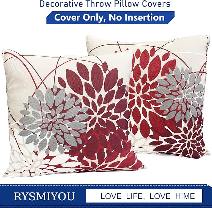 Decorative Throw Pillow Covers Set of 2 Wine Red Pillow Covers 22x22 inch Linen Square Pillow Cases,Farmhouse Modern Geometric Floral Outdoor Pillow Cover for Couch Sofa Living Room Bedroom