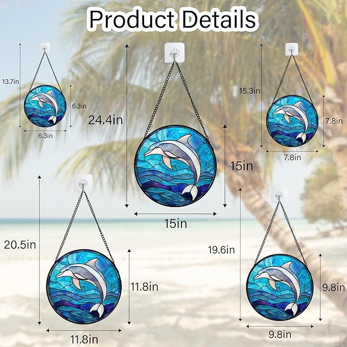 Stained Glass Suncatcher, Blue Ocean Dolphin Sun Catcher Marine Life Stain Glass Indoor Window Hanging Decoration Mother's Day Birthday Gifts for Women Men Mom and Nana 7.8 in