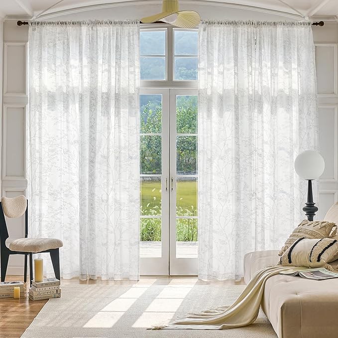 Anmao White Semi Sheer Light Filtering Curtains 102 Inches Long 2 Panels, Branch Pattern Drapes for Living Room Bedroom, Rod Pocket Sheer Window Treatments with Floral Design, 52x102 Inch