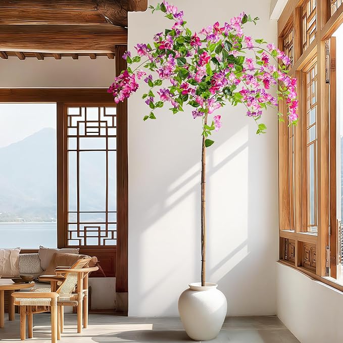 7.2FT Artificial Bougainvillea Tree Artificial Tree Tall Potted Fake Bougainvillea Trees for Outdoor Indoor Lifelike Potted Faux Plants with Wood Trunk and Flowers Office Wedding Home Decor