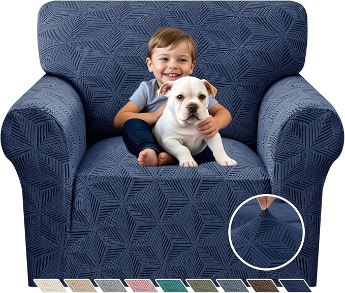 YEMYHOM 1 Piece Stretch Chair Sofa Slipcovers Couch Covers for 1 Seat, Jacquard Armchair Covers with Non-Slip Elastic Bottom, Thickened Furniture Protector for Dogs Pets kids (Small, Navy）