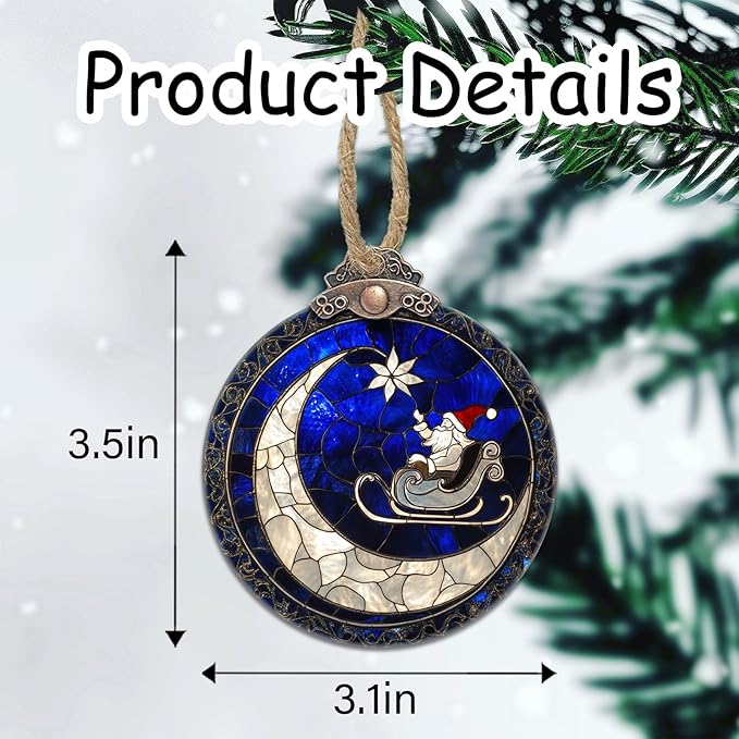 Stained Glass Christmas Decorations, Blue Starry Sky Moon Suncatcher for Window Christmas Tree Hanging Ornaments Santa Claus Sun Catcher Xmas Decor Gifts for Women Men Mom Nana Friend