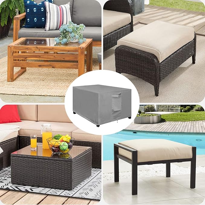 OutdoorLines Outdoor Waterproof Patio Ottoman Covers - Rectangle UV-Proof Patio Side Table Cover Windproof Heavy-Duty Furniture Covering Protector 28L x 22W x 17H Inch, Grey