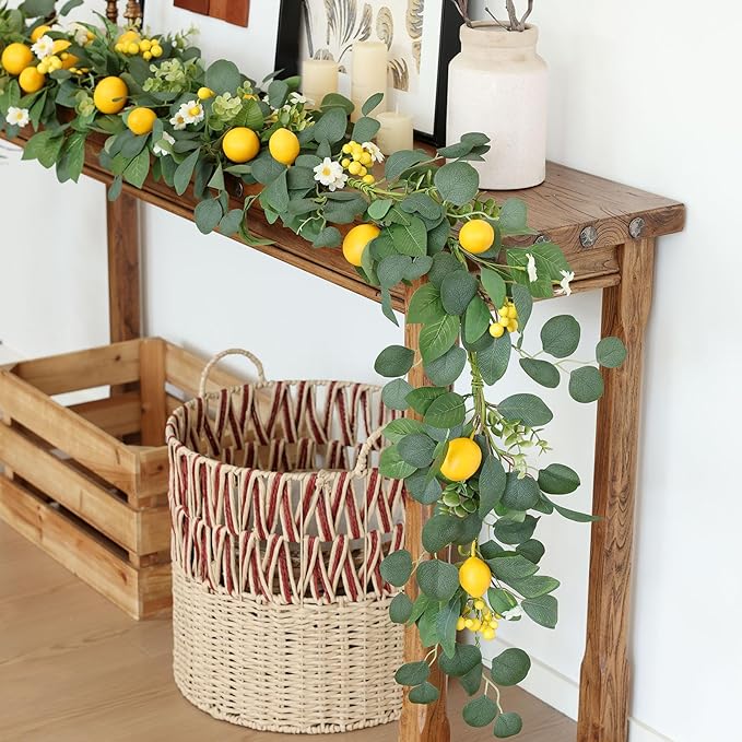 Mizii Artificial Lemon Garland 6FT Fake Fruit Lemons Garland with Berries Green Leaves Hanging Vines Greenery Decorations for Kitchen Table Centerpieces Room Party Birthday Decor (Lemon with Berries)