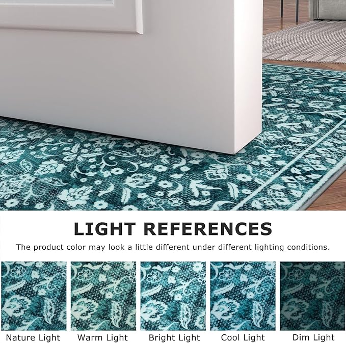 Vintage Washable 2x5 Rug Runner, Dark Teal Runners for hallways, Super Soft Kitchen Runner Rug Non Slip, Print Faux Wool Floral Thin Carpet Runner for Entryway Indoor Bedroom