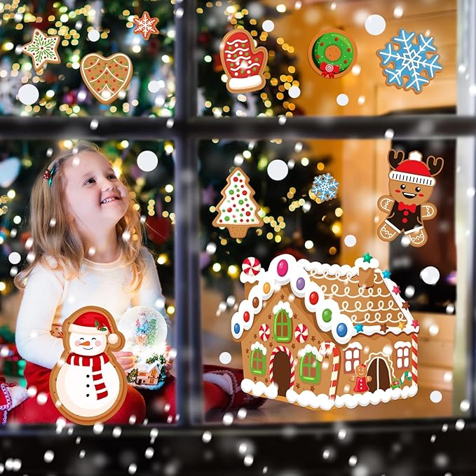 9 Sheets Christmas Gingerbread Man Window Clings Candy House Window Decorations Stickers Merry Christmas Door Seasons Decals for Holiday Xmas Home Kitchen Living Room(Gingerbread)