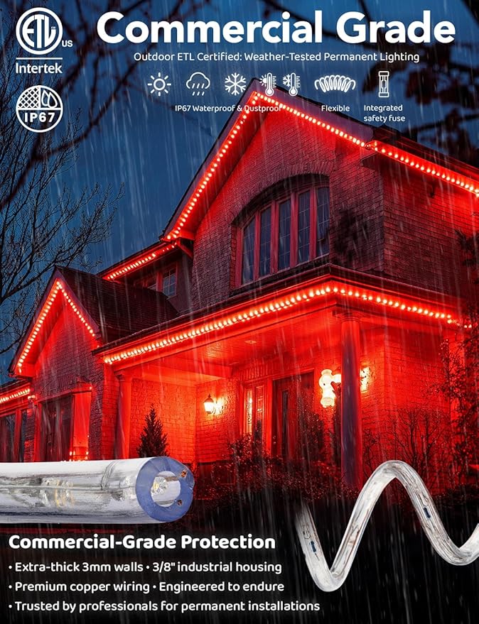 WYZworks 3312LEDs, 300ft LED Outside Rope Lights, Waterproof Permanent Outdoor ETL Certified Connectable Clear Tube, Christmas Palm Tree Holiday Decorative Landscape Patio Accent Lighting - Red