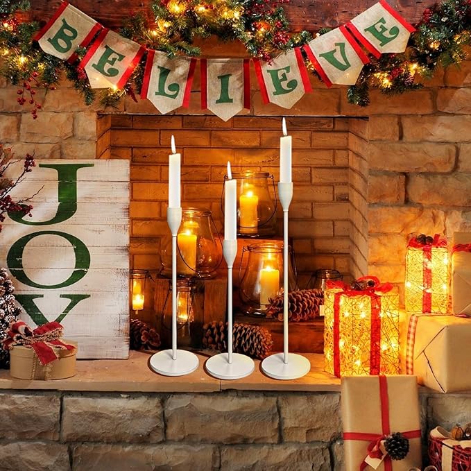 Rustic White Candle Holders Metal Candle Holders for Taper Candles in Home, Living Room, Kitchen or Table Centerpiece Set of 3 Candlestick Holders for Home Decor