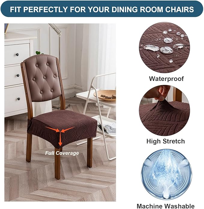 Removable and Washable Seat Covers for Dining Room Chairs Set of 4 - Waterproof Stretch Chair Seat Slipcovers, No Back Covers