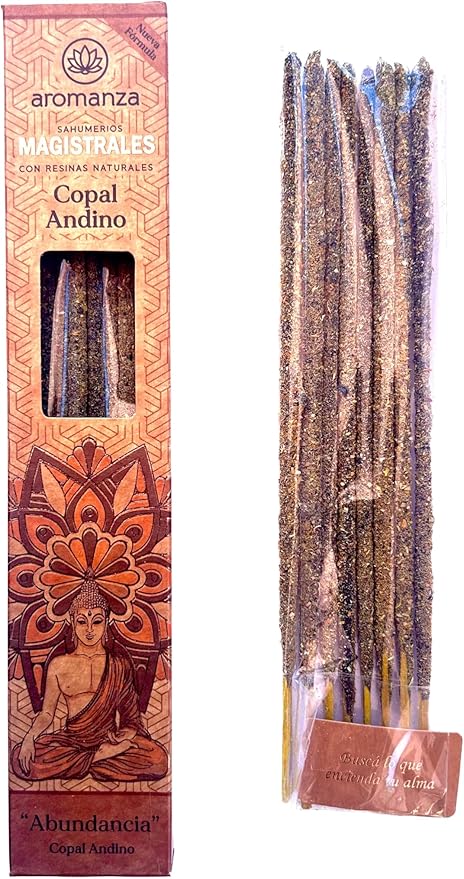 Sahumerios MAGISTRALES. Premium Incense. (Andean Copal - Abundance) Therapeutic. Natural Resins. Inspiring Messages in Each Box. Hand Made. Organic. 8 Count.