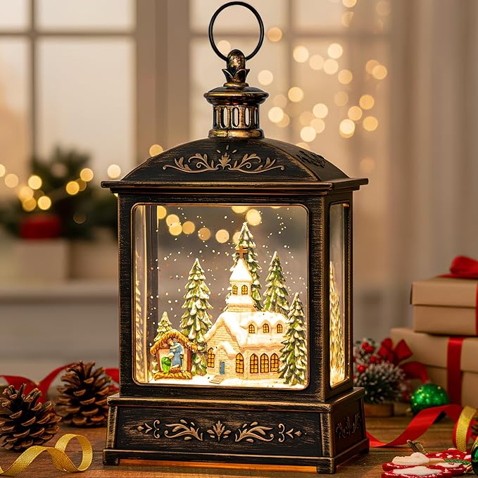 Christmas Snow Globe Lantern Water Glittering Churche & Manger Scene with Music & Timer, USB Lined/Battery Operated Lighted Lantern for Christmas Festival Decoration Gifts
