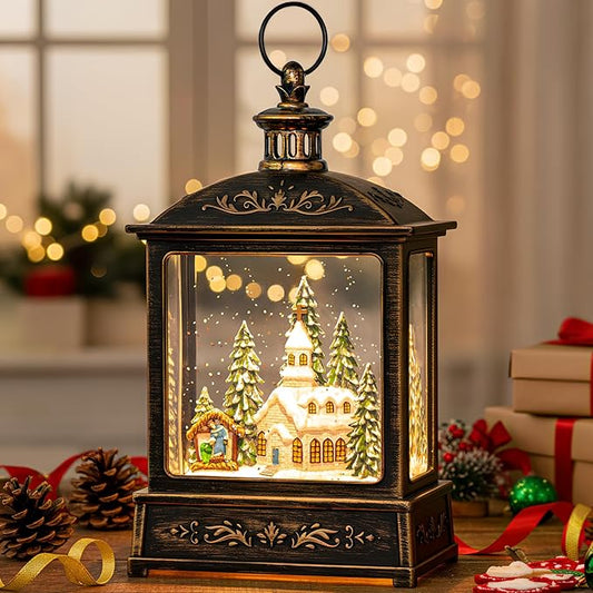Christmas Snow Globe Lantern Water Glittering Churche & Manger Scene with Music & Timer, USB Lined/Battery Operated Lighted Lantern for Christmas Festival Decoration Gifts