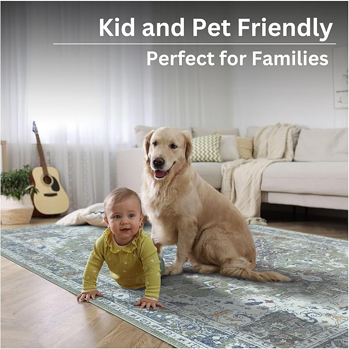Bloom Rugs Washable Non-Slip 5' x 7' Rug - Green/Blue Traditional Medallion Area Rug for Living Room, Bedroom, Dining Room, and Kitchen - Exact Size: 5' x 7'