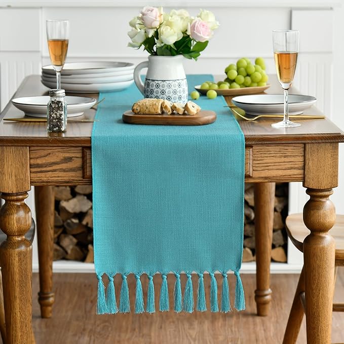 Artoid Mode Teal Tassel Table Runner, Winter Linen Blend Rustic Farmhouse Style Kitchen Table Decoration Holiday Wedding Party Dinning Decor 13x72 Inch
