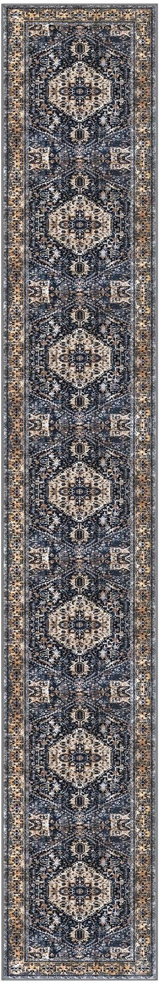 KOZYFLY Runners for Hallways 3x18 Ft Extra Long Washable Kitchen Thin Runner Rug Boho Runner Rug for Entryway Indoor Printed Faux Wool Stair Floor Carpet for Stair Kitchen Hall, Gold/Navy