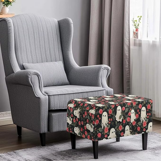 Halloween Rose Ghost Ottoman Cover - Scary Print Stretch Slipcover with Non-Slip Elastic Bottom, Fits Rectangular Storage Footstools, 33x30x15 Inch Holiday Party Decor