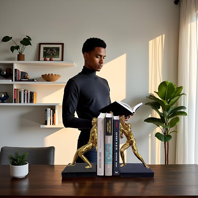 Golden Abstract Man Bookends Set of 2 – Heavy Duty Resin Sculpture Book Stoppers, Decorative Modern Book Ends for Home Office Bookshelf Organizer