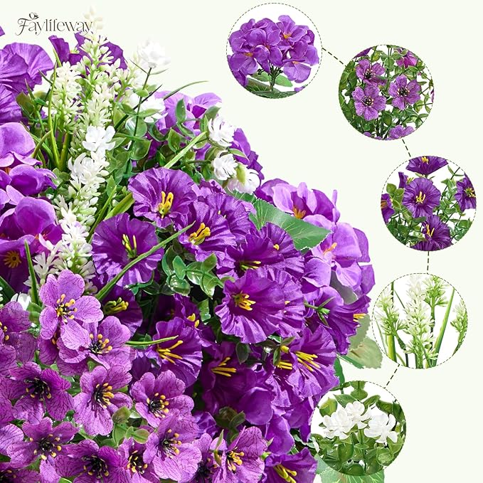 16 Bundles Artificial Flowers for Outdoors, UV Resistant Silk Faux Flowers for Outside Planters,Garden,Porch,Patio,Yard,Home Decor(Purple)