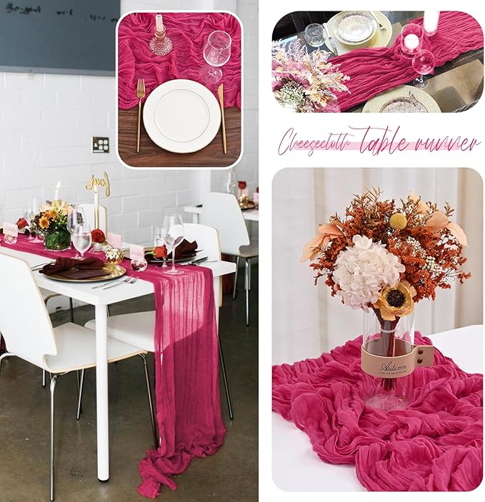 12 Pack Hot Pink Cheesecloth Table Runner, Gauze Boho Long Cheesecloth Table Runner 35x70inch Rustic Table Runners for Wedding Party Bridal Shower Banquet Easter Table Decorations