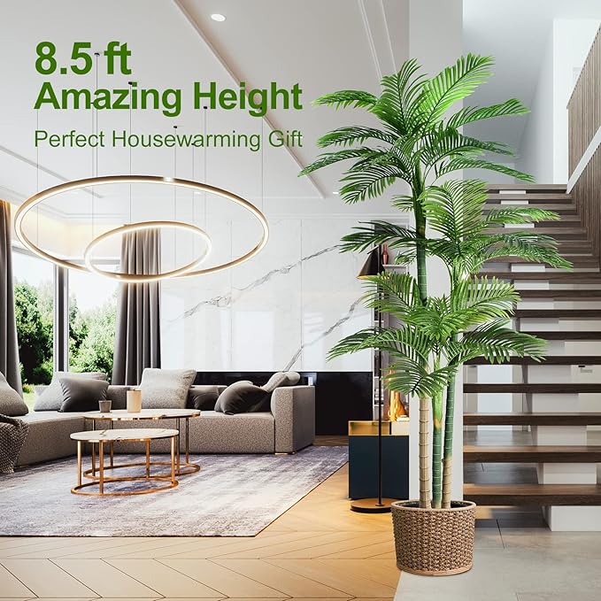 8.5ft Artificial Golden Cane Palm Tree - Large Triple Fake Palm Tree in Pot for Indoor/Outdoor, Patio, Pool, Big House, Office, Backyard, Home Decor - Green, Extra Tall